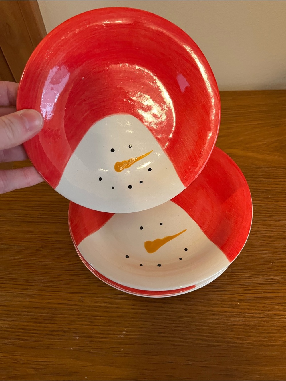Hand-Painted Red Snowman Ceramic Holiday Bowl - Set of 4